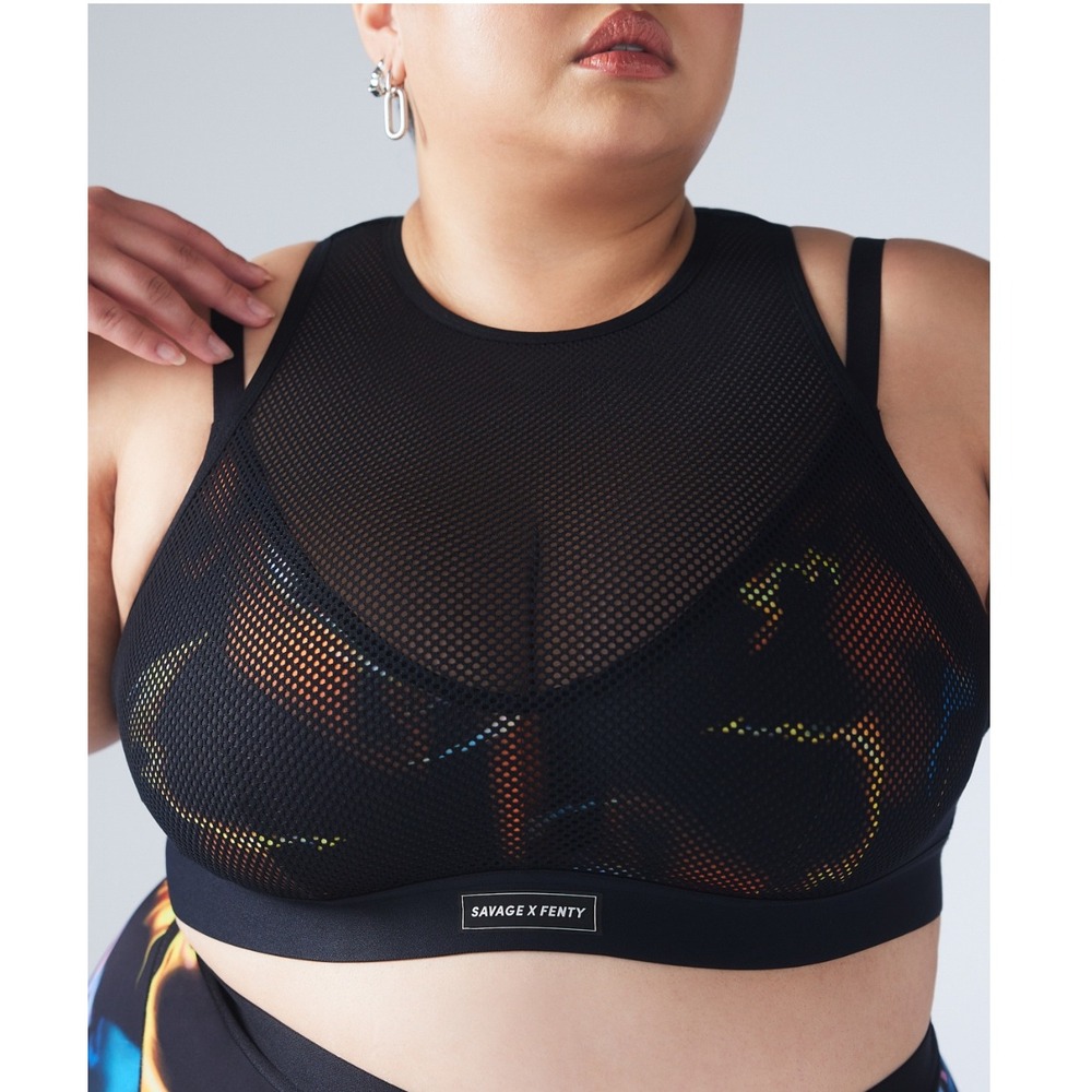 Savage X Fenty‎ Pin Up Low-Impact Sports Bra Mesh Layered Flame Print High Neck